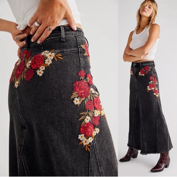 DRIFTWOOD Dresses & Skirts - Driftwood X Free People Embroidered Rose Are Red Ruth Maxi Skirt Boho Western